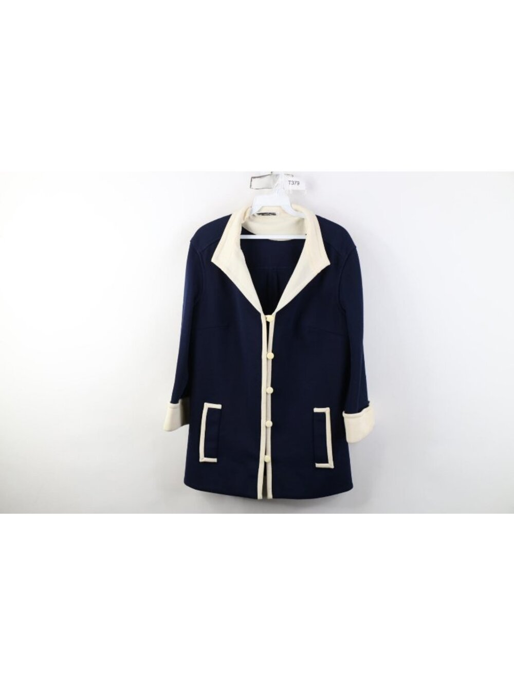 Vintage 60s 70s Oriental Style Womens Large Knit Button Blazer Jacket Blue USA